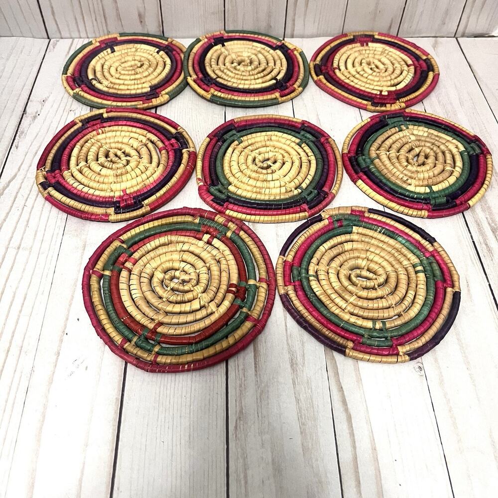 Vintage Handwoven Straw Coasters Set of 8 Boho Folk Art Woven Fiber 5”
